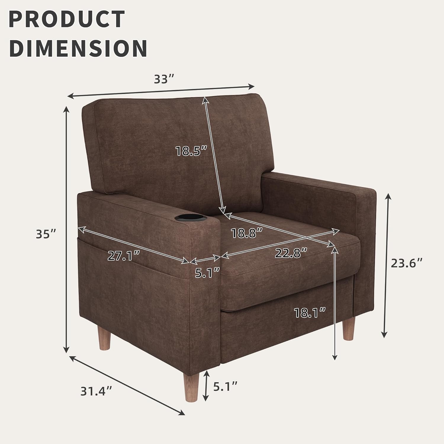 Actinidia Oversized Accent Chair with Cup Holders,Mid Century Modern Upholstered Living Room Chair,High Back Single Sofa Chair,Reading Armchair for Bedroom,Apartment, Waiting Room,Office,Brown