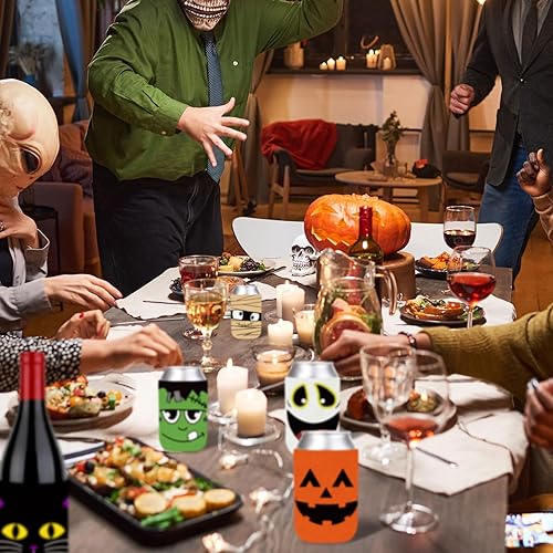 Miniatura 5 de Whaline 10 fundas para latas de Halloween, calabaza, murciélago, fantasma, gato negro, fundas reutilizables para Halloween, lindas expresiones,