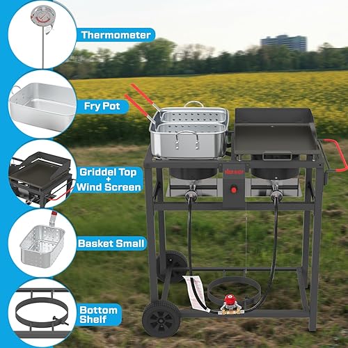 Miniatura 2 de Estufa de propano al aire libre y parrilla combinada de FIRE RIOT, estación de cocina portátil 2 en 1 con estufa de propano de doble quemador y