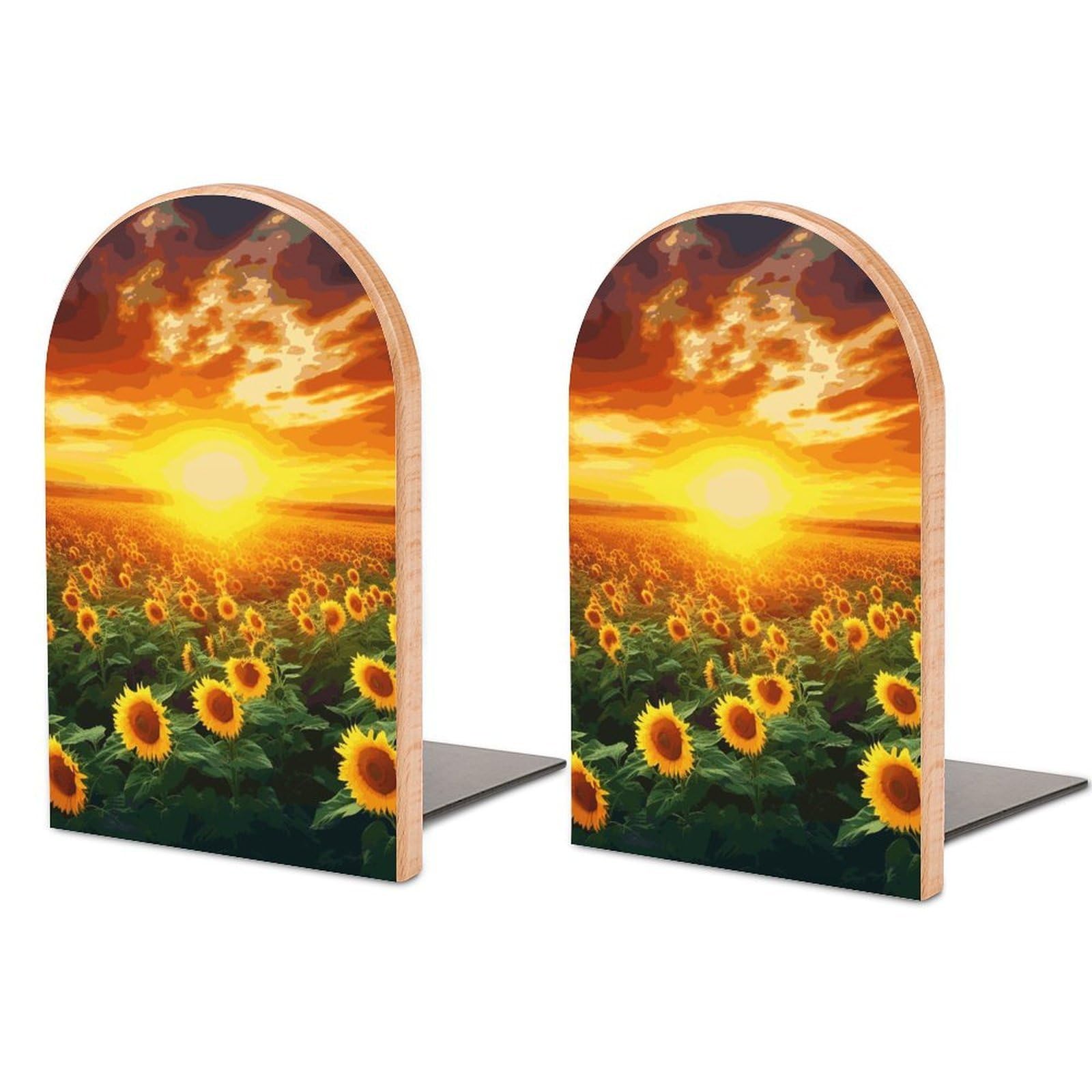 Dreamlike Sunset of A Sunflower Field Bookend Modern Bookends for Shelves Non-Skid Book Holder Heavy Duty Metal Book Storage for Books CDs Decorative Book Stopper for Home