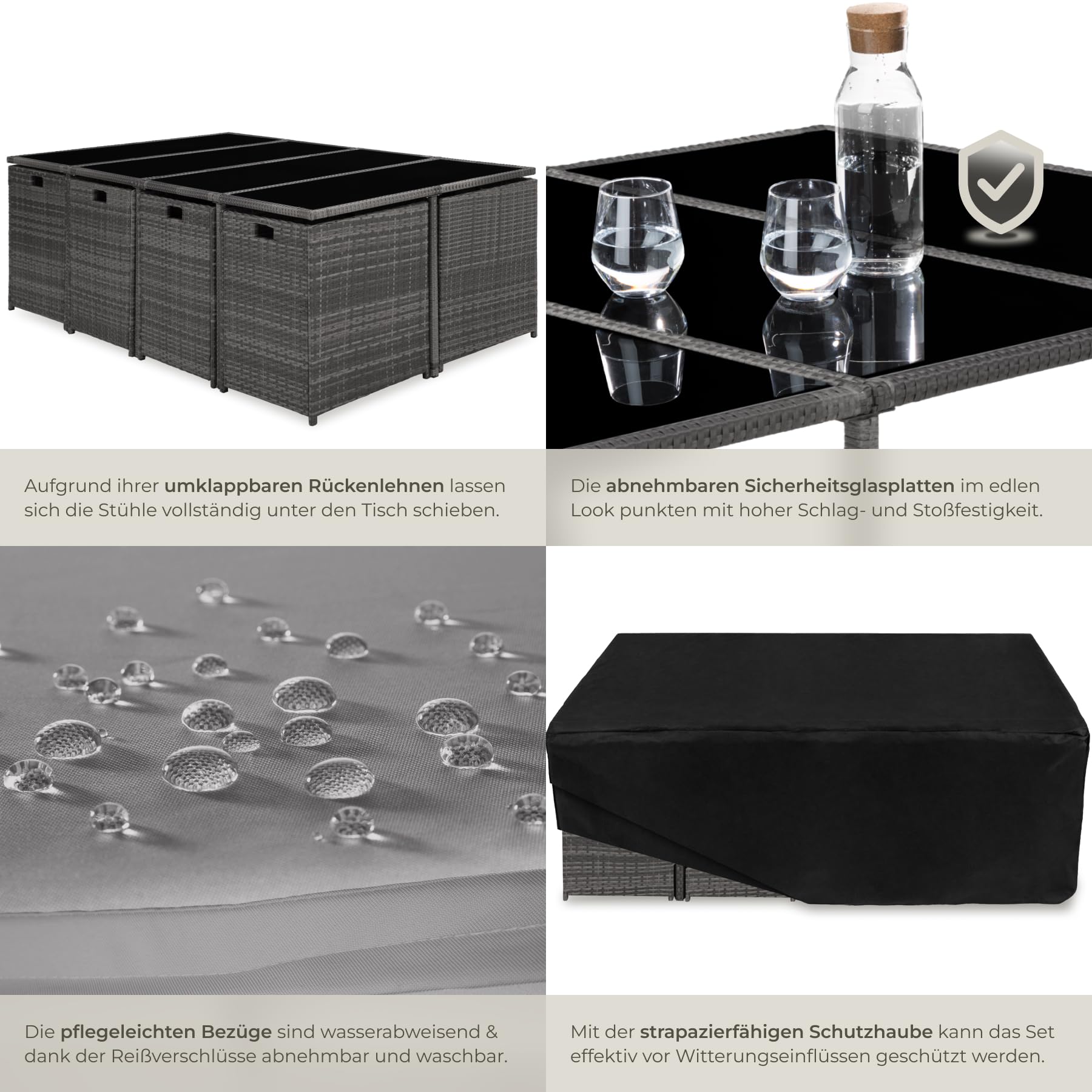 tectake Gartenlounge Set, Polyrattan Gartenmöbel Set, 8+4+1 Sitzgruppe, 8 Stühle 4 Hocker 1 Tisch, Balkon Möbel als Würfel verstaubar, für Garten, Balkon, Terrasse - grau/hellgrau