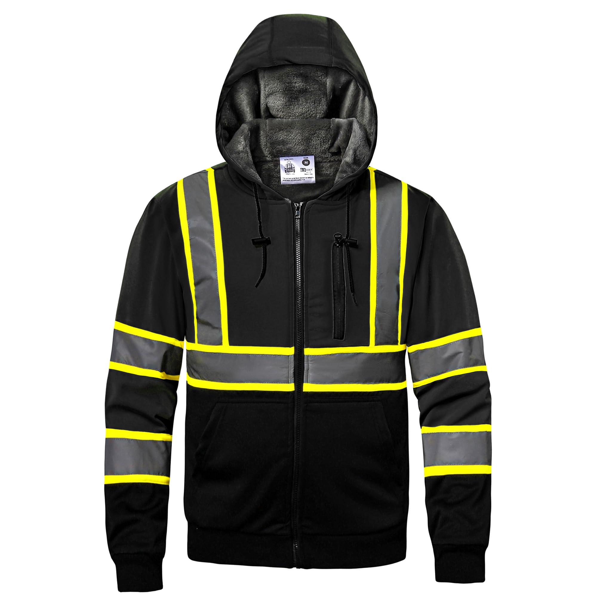 DPSAFETY High visibility Hoodie for Men,Class3 Hi Vis Hoodie,Fleece Lined Reflective Hooded,Construction work Hi-Vis Safety Sweatshirt,Black XL