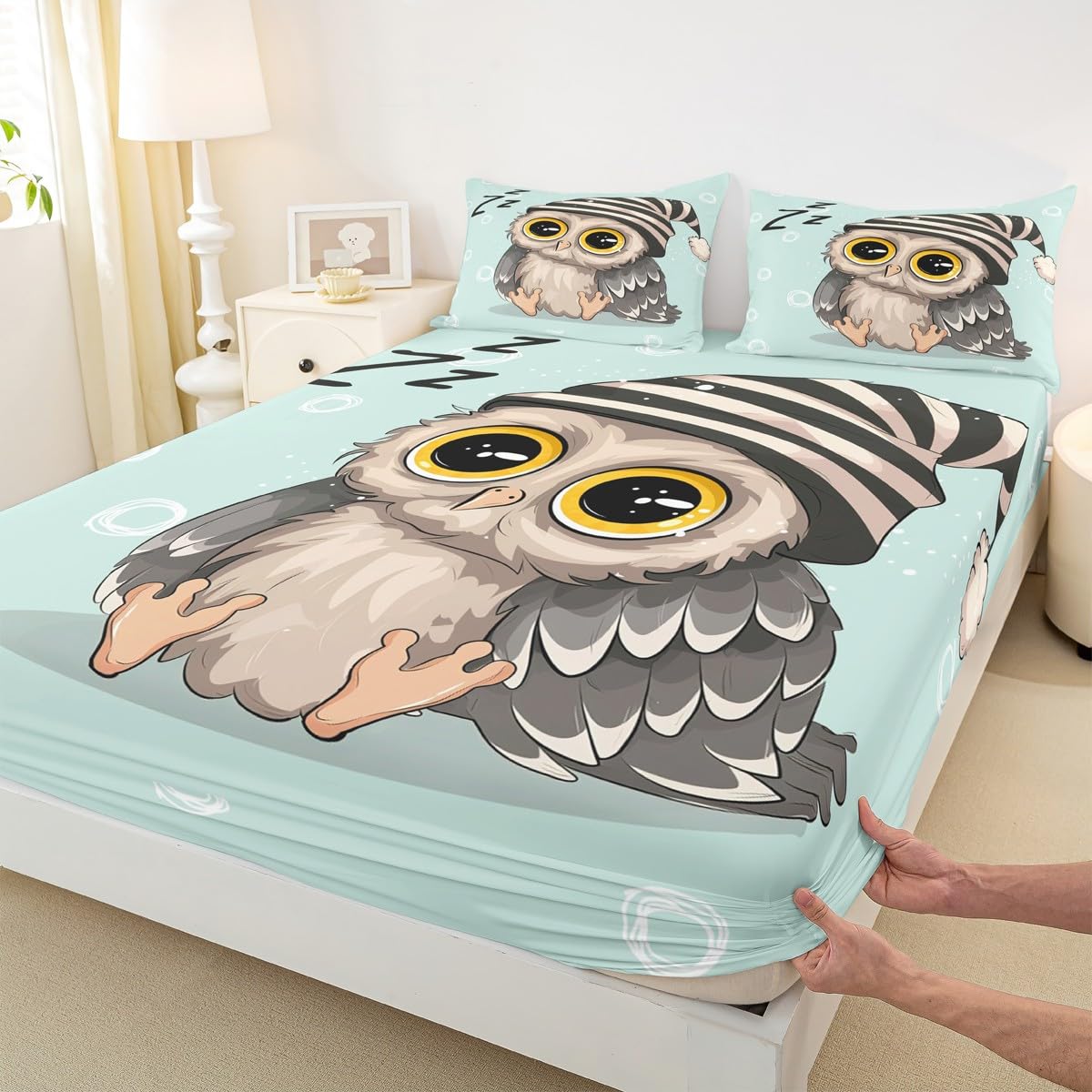Parure de lit hibou vert clair pour chambre de fille cozy avec drap-housse
