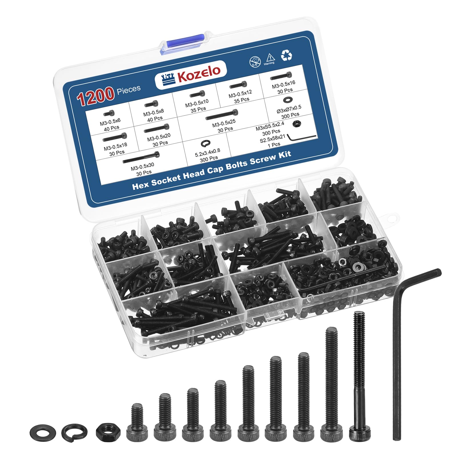 Kozelo 1200pcs M3 Socket Head Cap Screws Bolts Nuts Assortment Kit