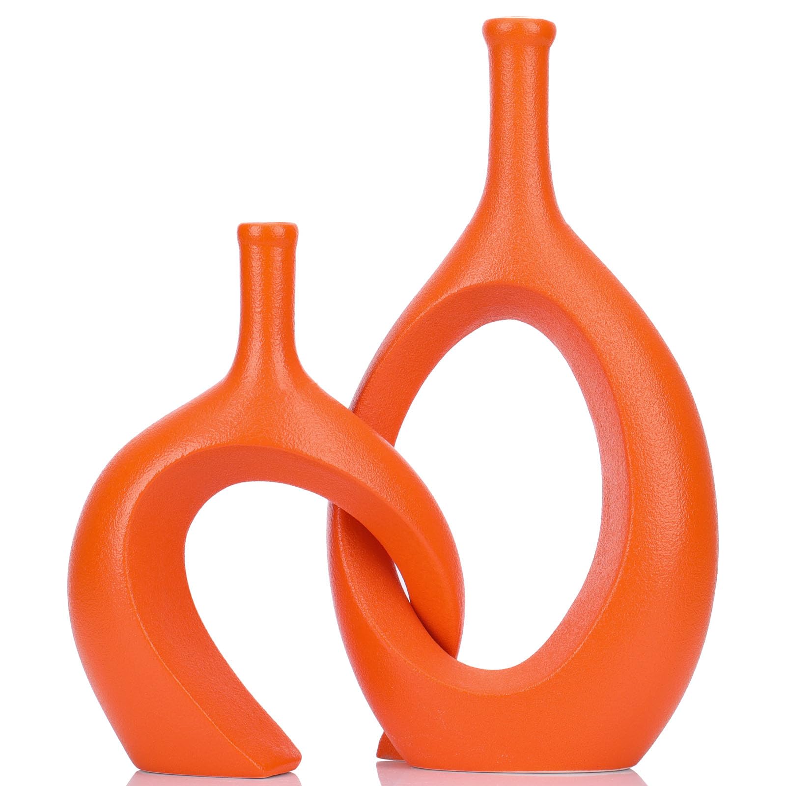 Orange Keramik Vase Set 2 für Moderne Wohnkultur, Runde Matte Donut Vasen für Pampasgras, Nordischer Minimalismus Boho Stil Dekor für Wohnzimmer Hochzeit Abendessen Tisch Party Büro Schlafzimmer