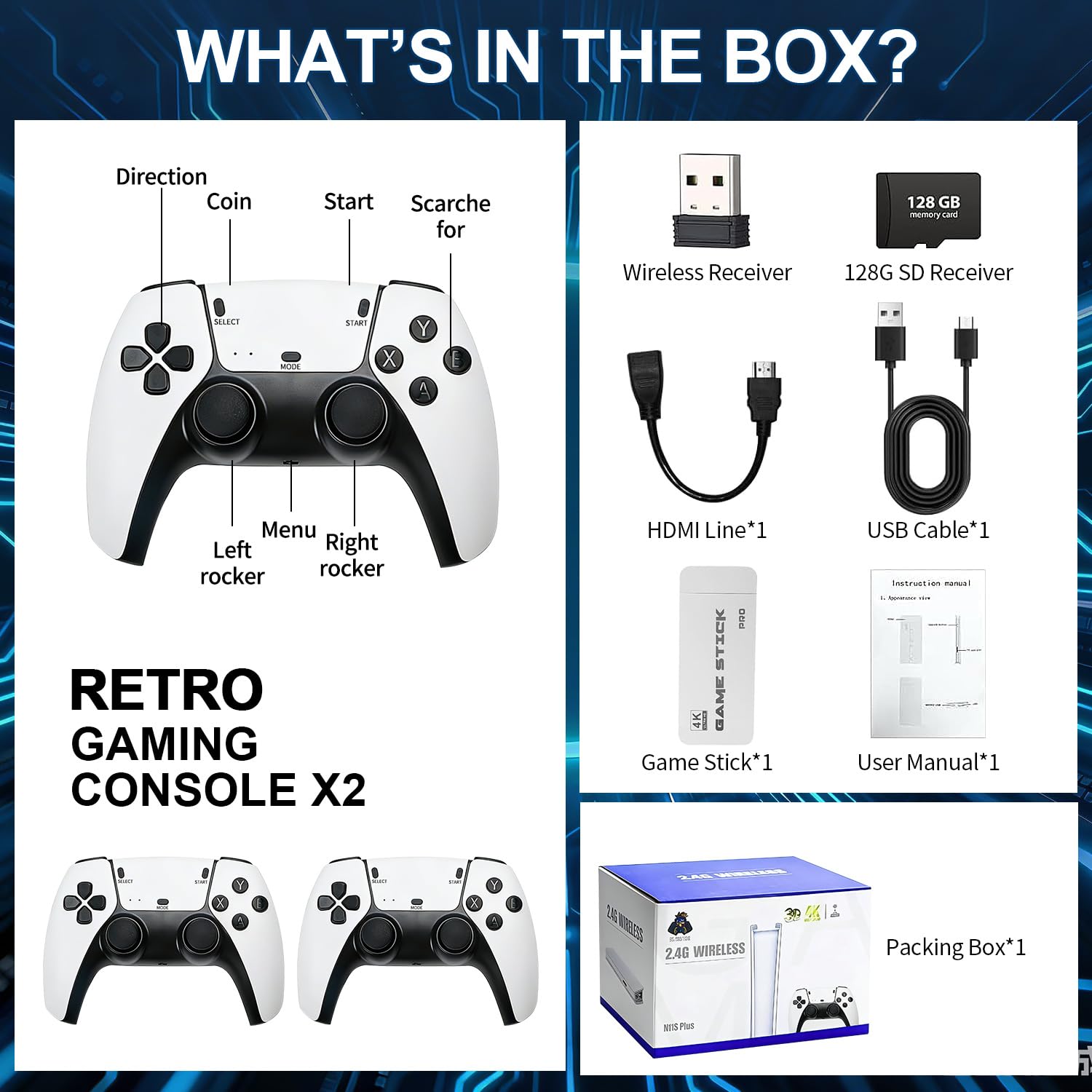 2026 M15 Retro Gaming Stick Pro, 4K Video Game Console with 40,000+ Games, 23 Emulators & Plug-and-Play TV Support, Dual Wireless 2.4G Wireless Controllers, 128GB