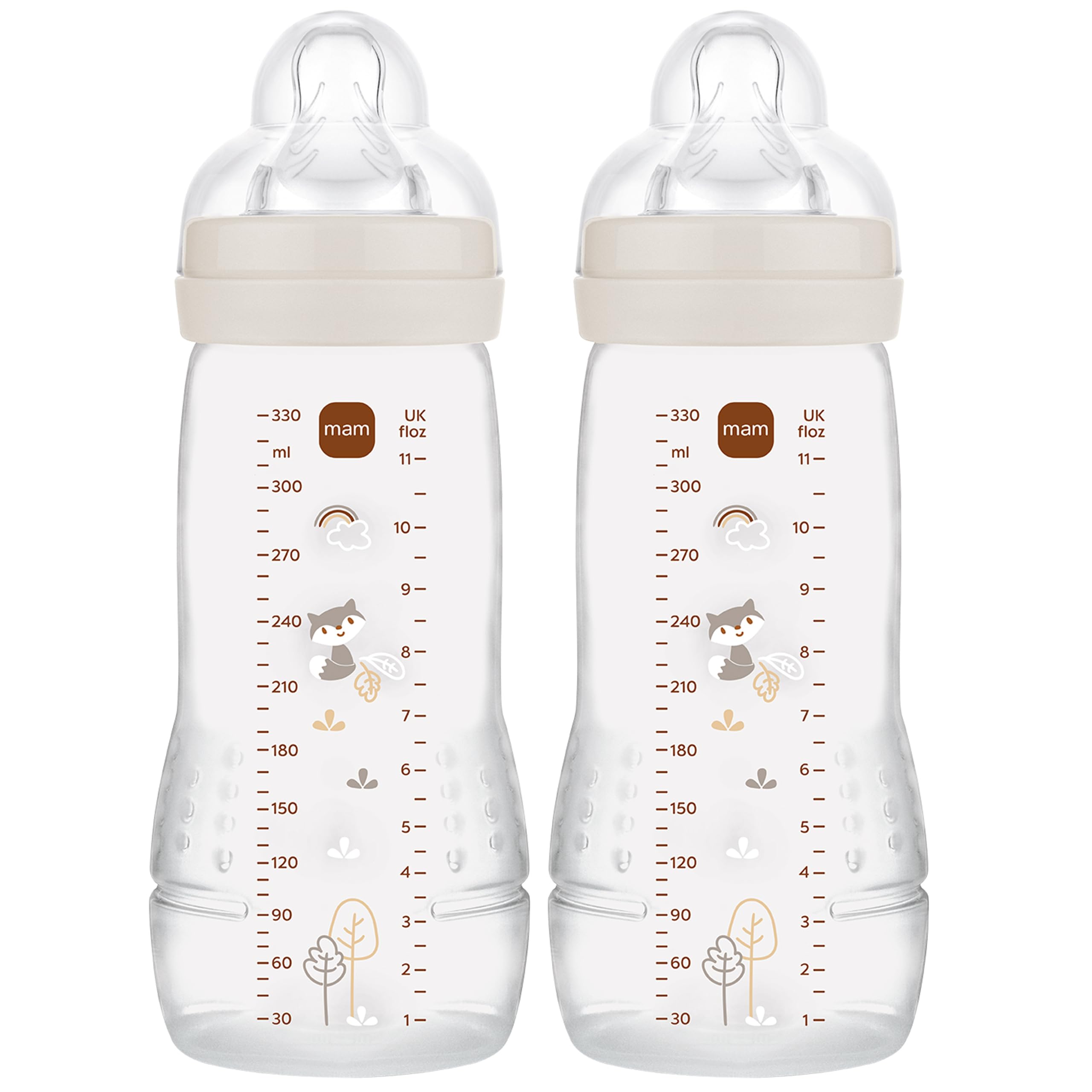 MAM Easy Active Bottles | 2 Pack (2 x 330ml) | Fast Flow MAM Teats Size 3 | Baby Accessories | Grey (Various Designs)