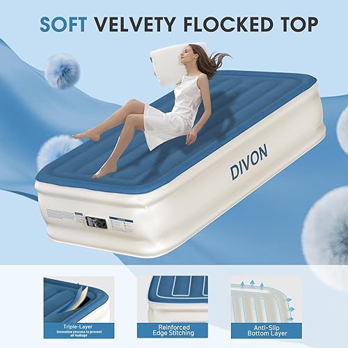 Miniatura 4 de DIVON Colchón de aire individual con bomba incorporada elevada, colchón inflable individual de 18 pulgadas en 2 minutos, colchón inflable plegable,