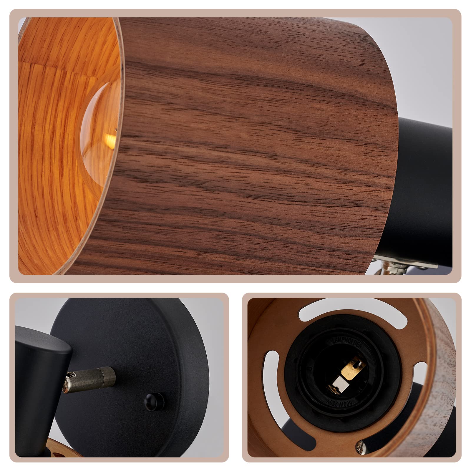 TeHenoo Plug in Wall Sconce,Rotatable Wall Light, Wooden Wall Lamp for Reading,Bedroom,Office,Black