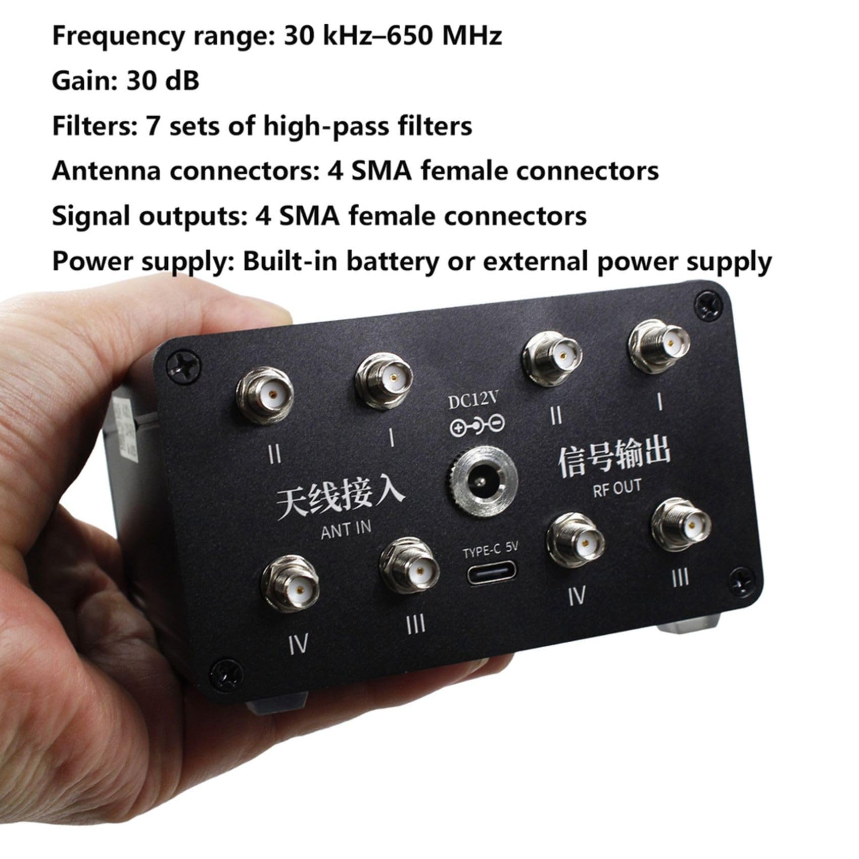 Amplificador de Señal de Antena de Banda de 4 Canales, 30 KHz-650 MHz, Bajo de Ruido, Ganancia Ajustable
