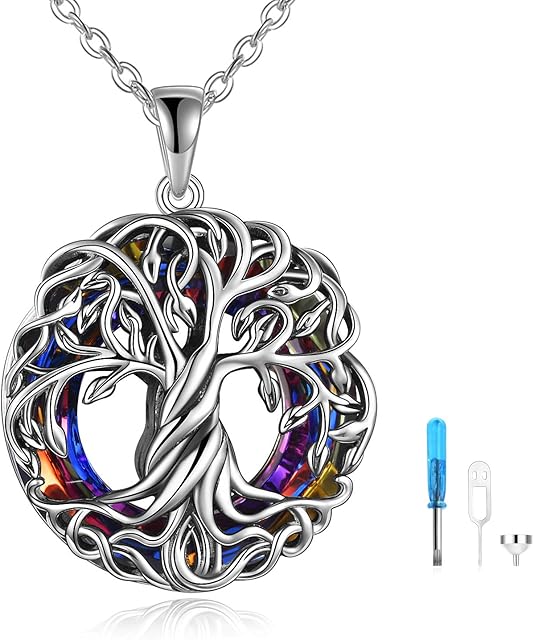 TOUPOP Ashes Jewellery Urn Necklace for Ashes s925 Sterling Silver Tree of Life Urn Necklace Keepsake Ashes Memorial Locket with Circle Crystal Cremation Jewellery with Funnel Filler