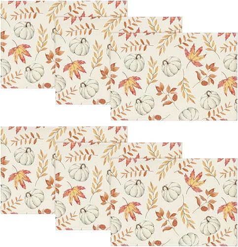 Artoid Mode Juego de 6 manteles individuales de otoño con hojas de arce naranja y calabaza, 12 x 18 pulgadas, manteles individuales de temporada de