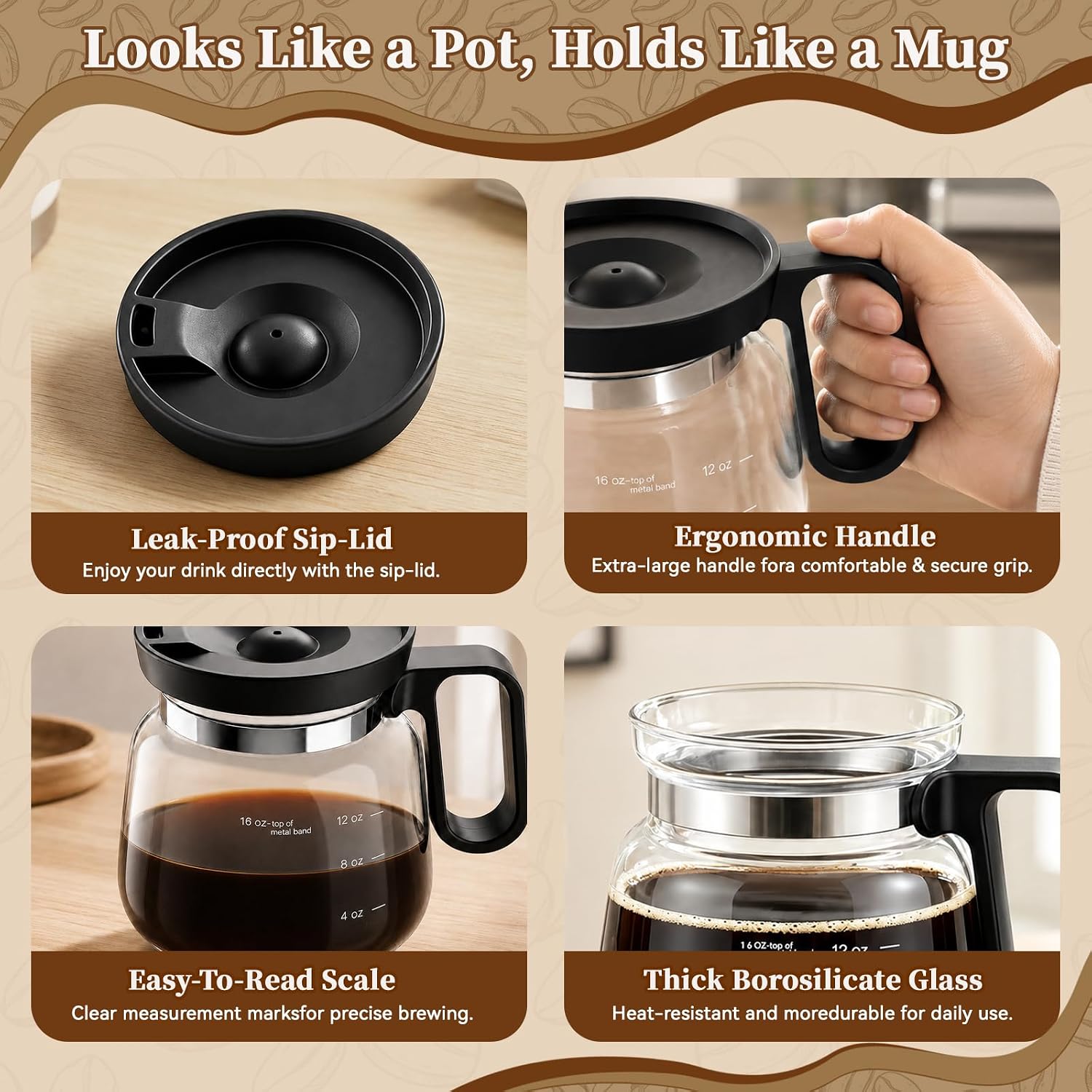 2 Pack Coffee Pot Mug, 16oz Tiny Brew Coffee Pot Coffee Mug, Thick Borosilicate Glass Mini Coffee Pot Mug with Lid for Iced Coffee, Cute Coffee Cup Gift for Coffee Lovers