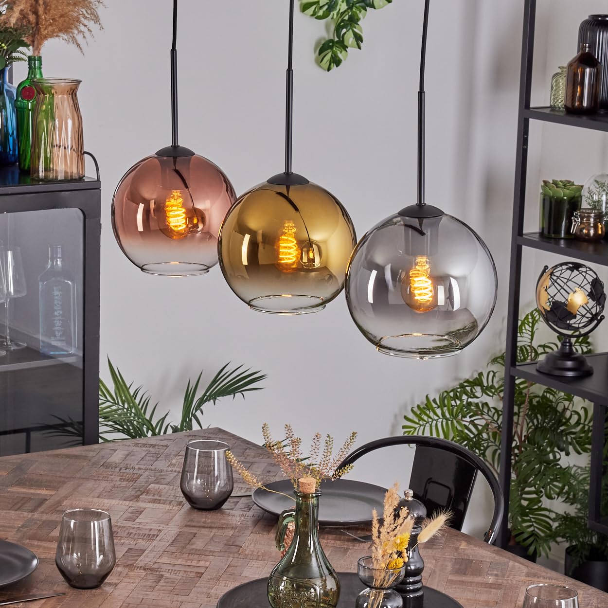 HOFSTEIN Lampadario a sospensione Koyoto a 3 luci in metallo/vetro nero/fumo/oro/rame/trasparente, lampada a sospensione dal design retrò/vintage (ombrelli Ø 20 cm), E27, sala da pranzo, soggiorno,