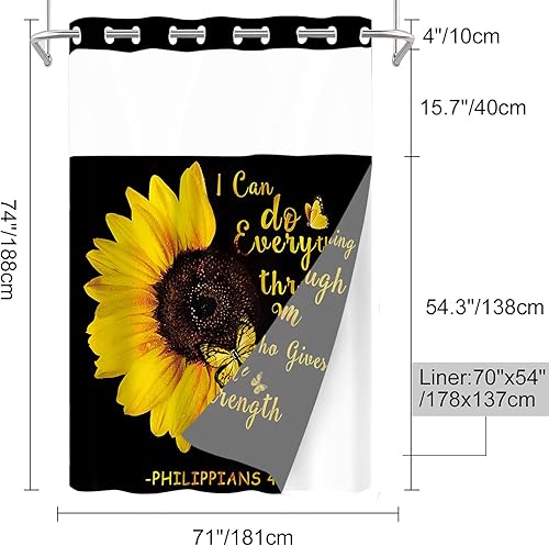 Miniatura 5 de AZHM Juego de 4 cortinas de ducha con alfombras de girasol, decoración de baño, citas inspiradoras, cortinas de baño con alfombras y accesorios