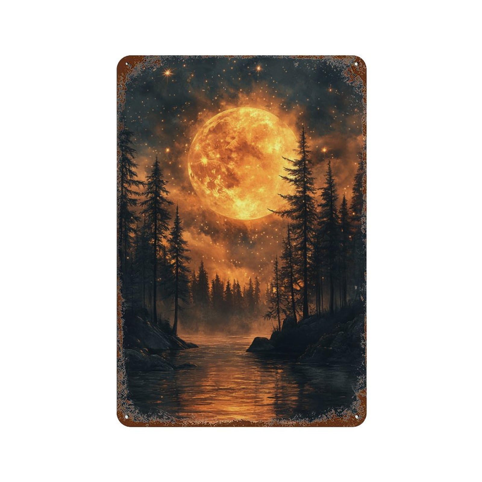 Moonlit Forest Reflections Retro Metal Sign 11.8"x7.9", Decorative Metal Wall Art for Basement, Hobby Room And Garage Decor