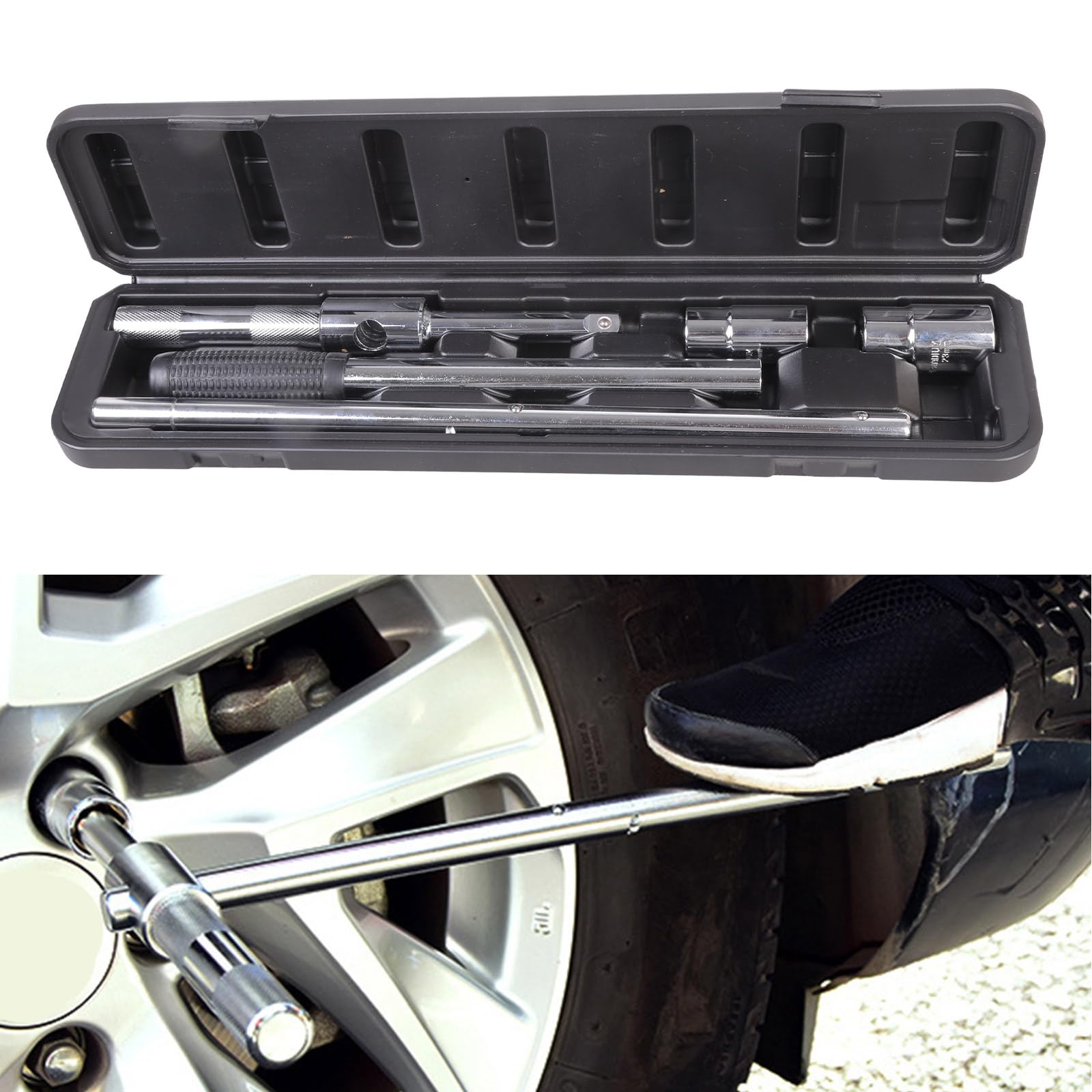 Universell verlängerte Laschen, Teleskop Reifenschlüssel, verstellbare Radmutter mit Standard Stecknuss (17 mm, 19 mm, 21 mm, 23 mm) Universell verlängerte Laschen