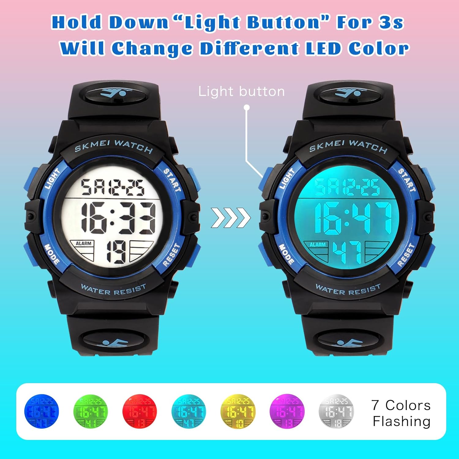 Students Digital Watch for Boys, 7 Colors LED Light Kids Daily Water Resistant Outdoor Sport Watch with Stopwatch Alarm, Great Gifts for Ages 5-15