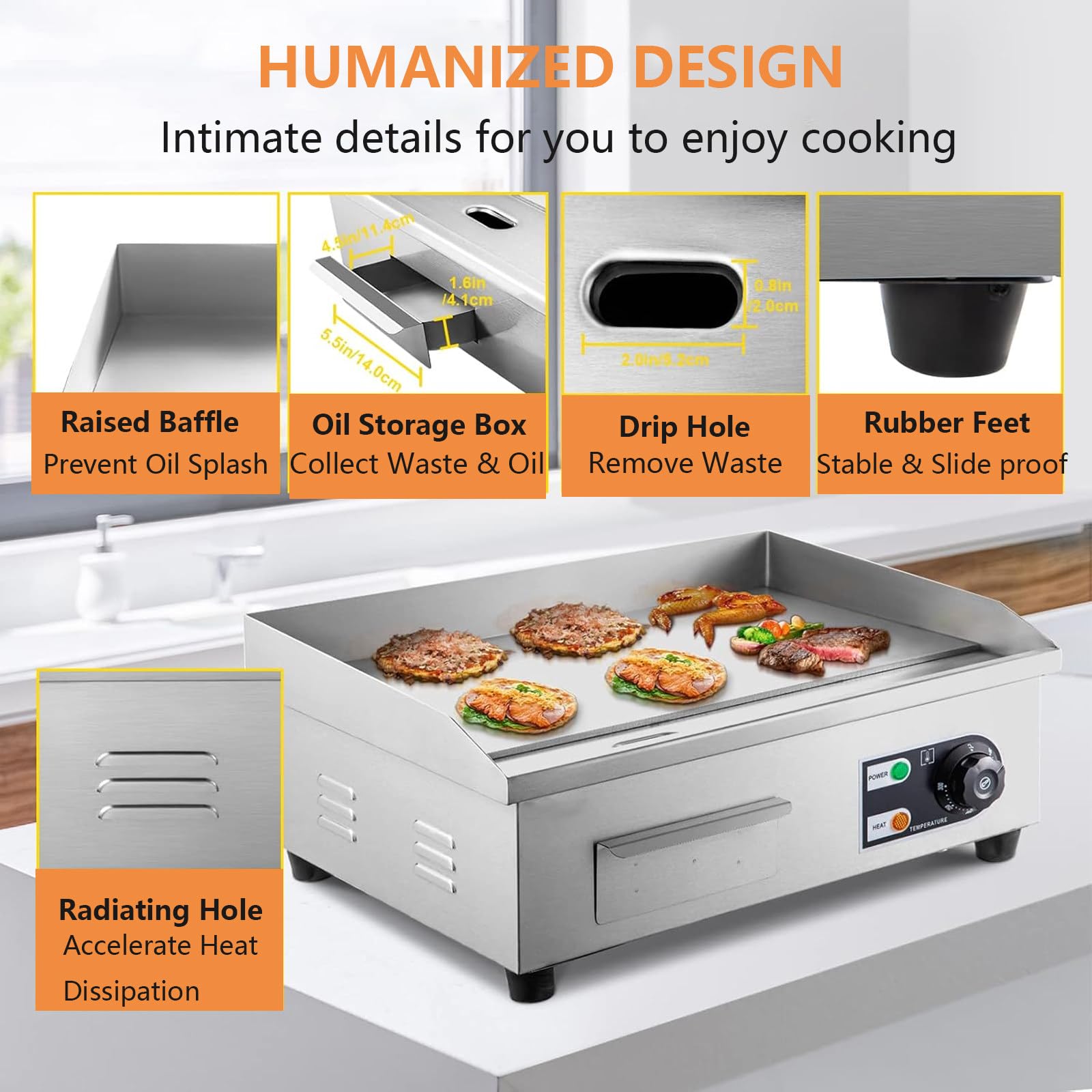 Piastra Elettrica Commerciale, Griglia Teppanyaki da 17", Griglia Elettrica A Piano Piatto da 2500w, Piastra Elettrica da Banco in Acciaio Inox, Piastra da Banco da 50-300℃