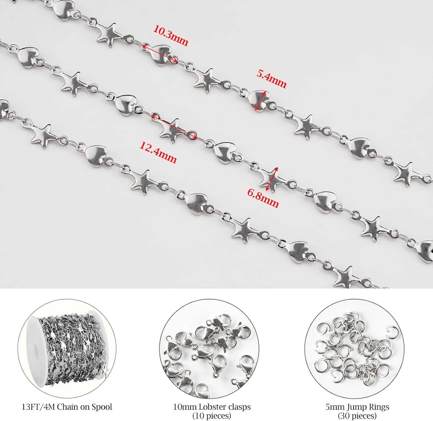 KYUNHOO 13 Feet Heart Chains Bulk Star Link Jewelry Making Supplies Stainless Steel Silver Chain for Crafts DIY - Image 2