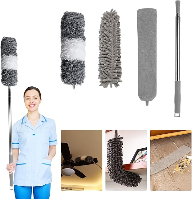 Dusters for Cleaning, KissDate 4PCS Telescopic Washable Detachable Microfiber Duster with 100 Inch Extension Pole, Cobweb Duster Chenille Dust Brush for Ceiling Fan, Blinds, Car, Gap, Furniture