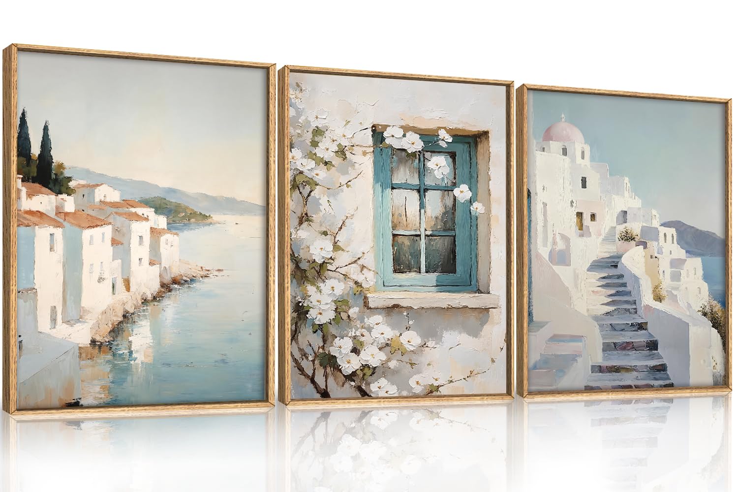 KAIRNE Mediterranean Santorini Canvas Wall Art Set Impasto Oil Painting Style Greek Coastal Prints Whitewashed Village Blue Window Pictures for Living Room Bedroom Home Decor 12 x 16inch x 3 โ image 1