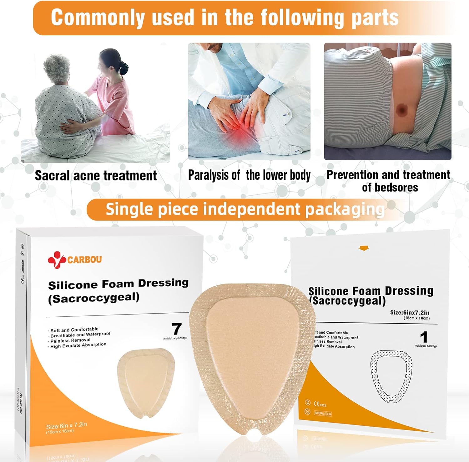 Carbou Wound Dressing Sacrum Silicone Foam Dressing, 6''x7''(15cm x18cm) Bordered Silicone Adhesive Sacral Foam Dressing for Bed Sore,Box of 7 dressings