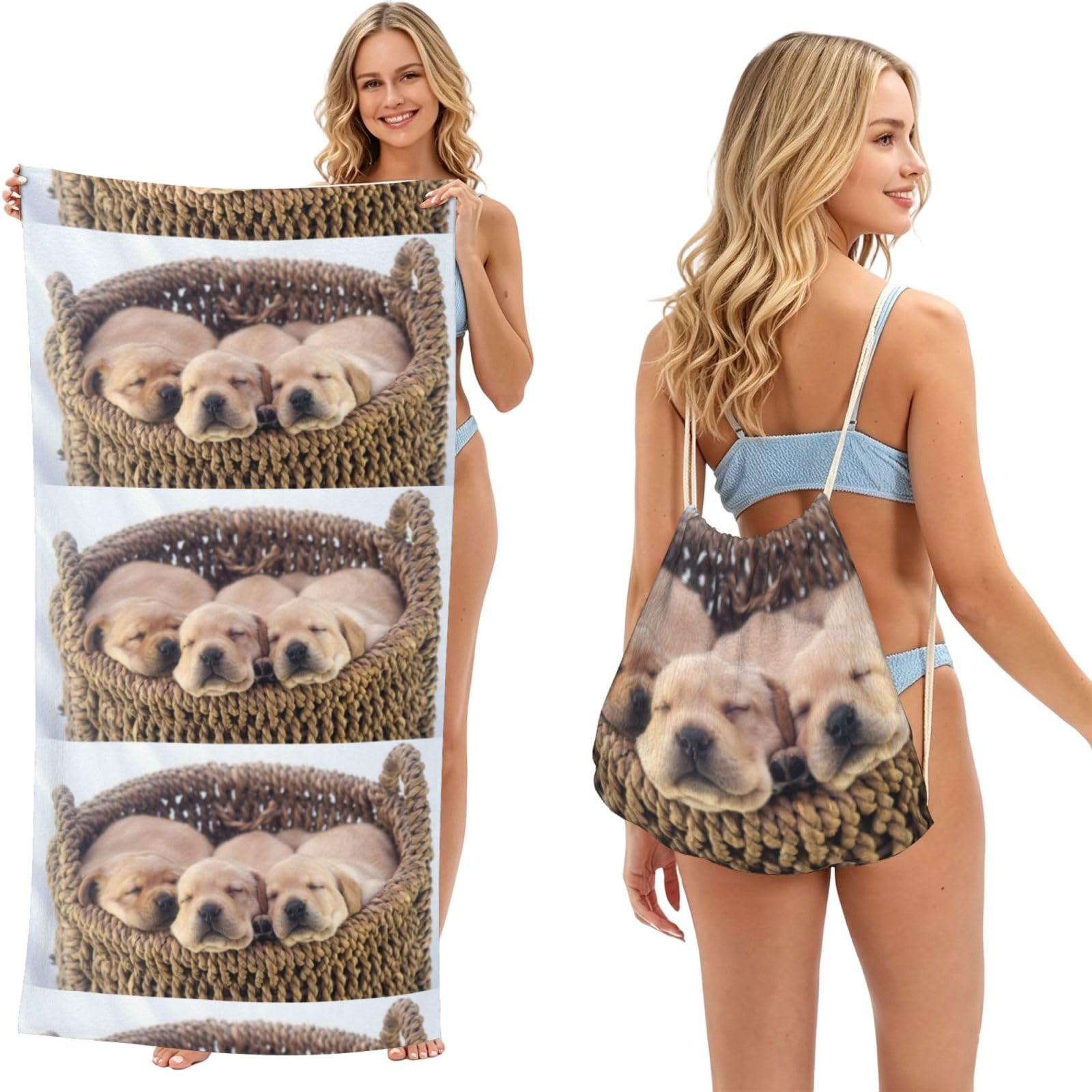 Poadnly As Picture Labradors Little Puppies Golden Retriever, 2 In 1 Packable Towel Bag, Beach Towels With Drawstring Backpack For Travel Holiday Camping