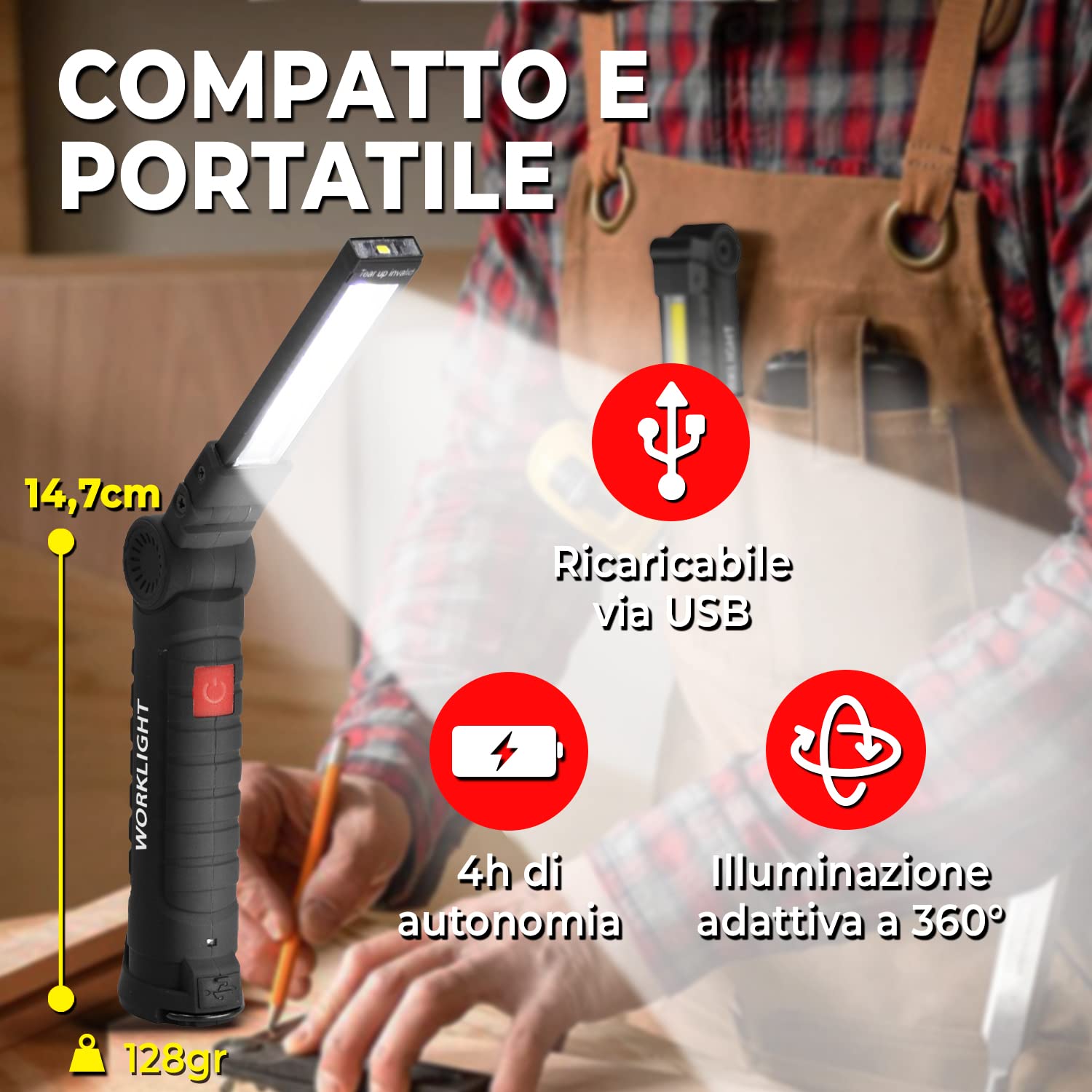 Lampada LED Ricaricabile da Lavoro, Set di 2 Torce Ricaricabili USB Magnetiche COB Pieghevoli a 360° con Gancio, 5 Modalità, Lampada Portatile per Officina, Auto, Emergenza e Campeggio
