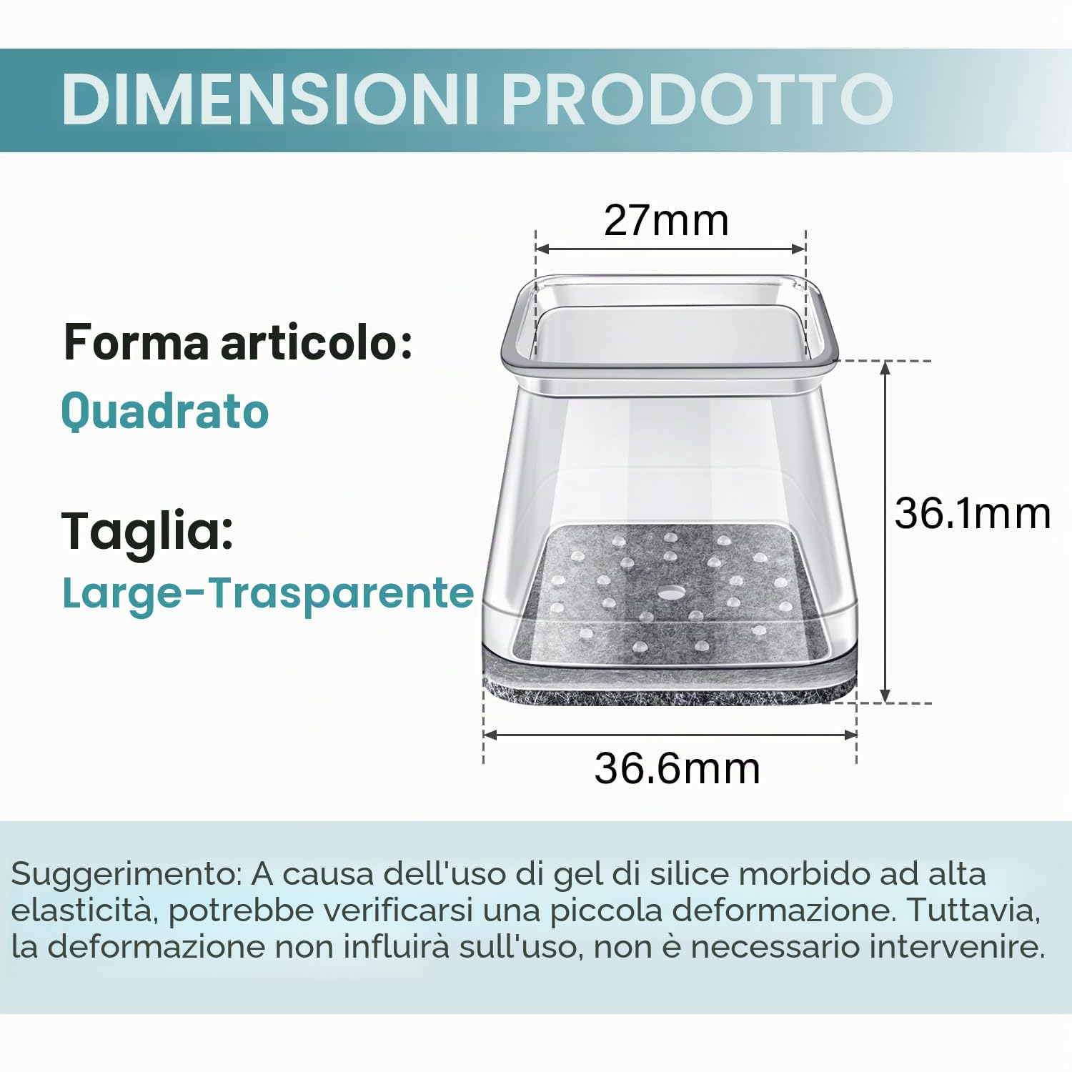 Gommini Per Sedie Quadrati, 24 Pezzi Feltrini per Sedia in Silicone Trasparente con Feltro, Antigraffio in feltro per sedie, tappi protettivi per gambe di per pavimenti in Legno(Fit:27-39mm)