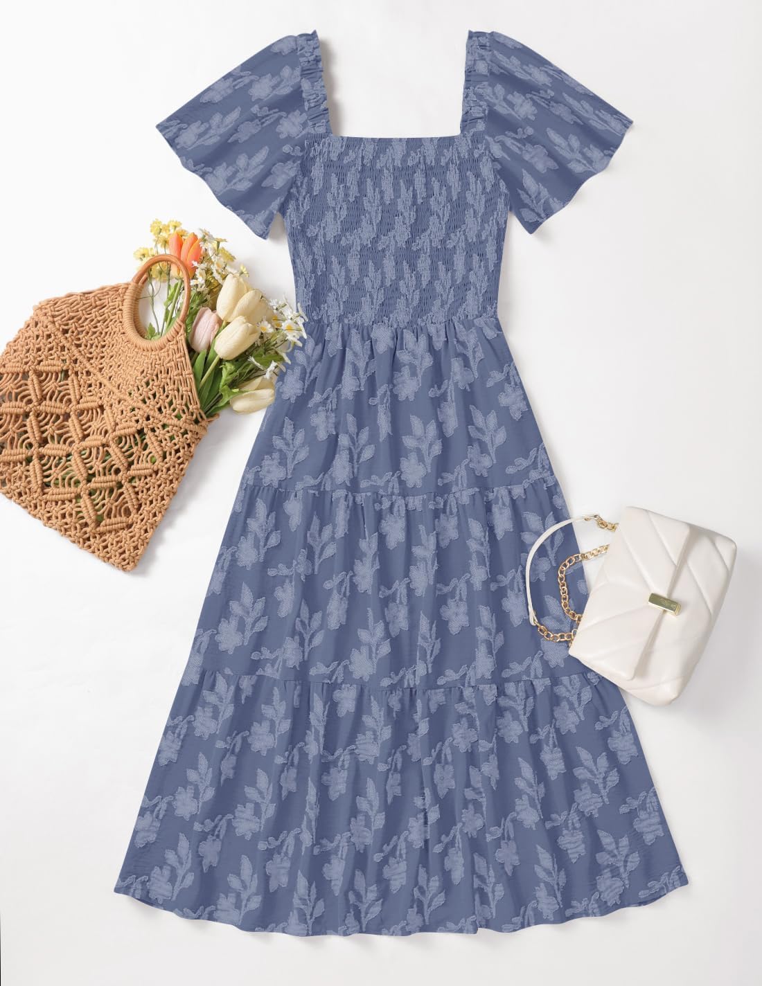 ZESICA Women‘s Summer Boho Floral Midi Dress 2026 Casual Short Sleeve Square Neck Flowy Beach Vacation Long Dress - Image 6