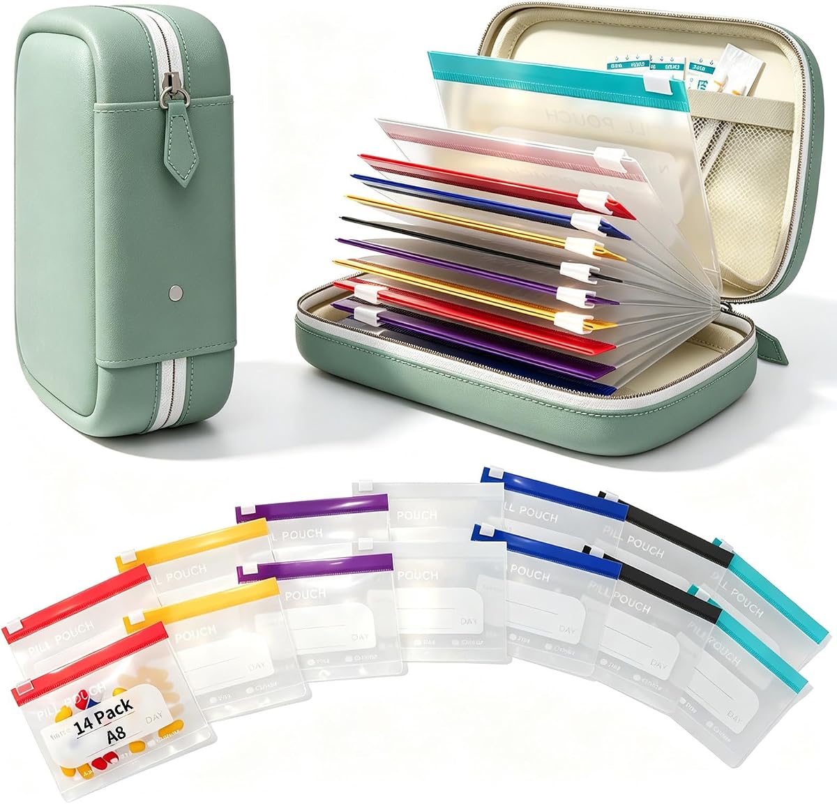 Organizador de pastillas de viaje con bolsa para pastillas medicinales autosellante A8 de 14 días, verde | Impermeable, Pastillero, Carpeta, Almacenamiento de Vitaminas, Organizador de Medicamentos, Suplemento, Medicamentos, 2 Semanas, Dosey, Portátil, Reutilizable
