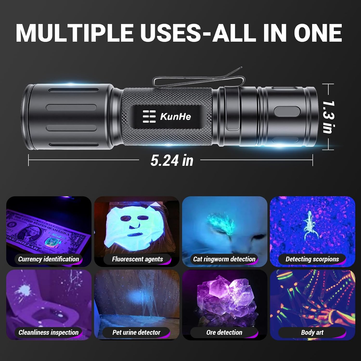 KunHe 10 Pack UV Dual Wavelength Flashlights Bulk with 395nm 365nm 2 Mode Operation Blacklight Flashlights for Rocks and Minerals