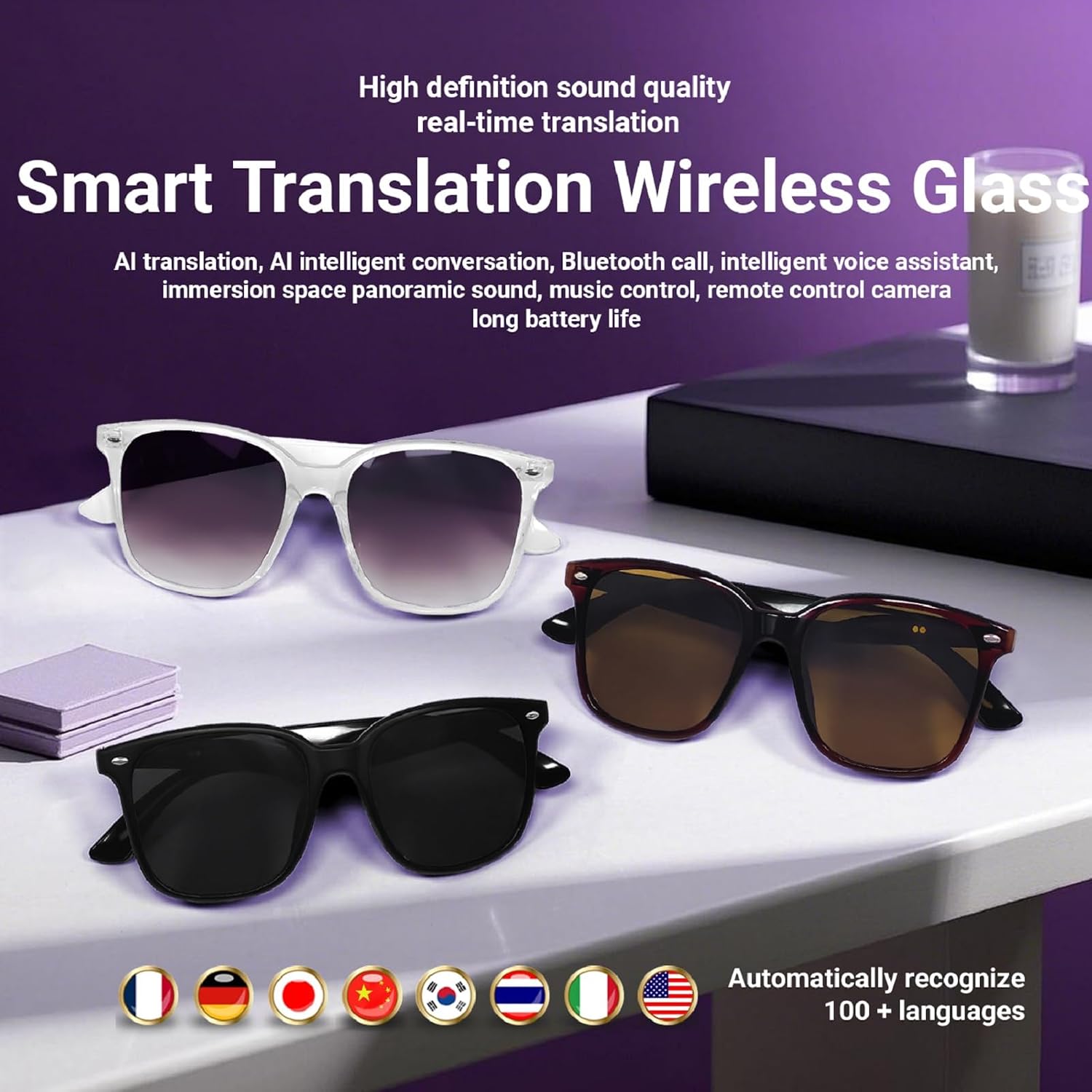 Smart AI Bluetooth Sunglasses for Women Men Translation Translator Translate Translating Headphones Audio Glasses with 150 Language & Accents UV Protection Bluetooth 5.4 Eyeglasses with Speakers