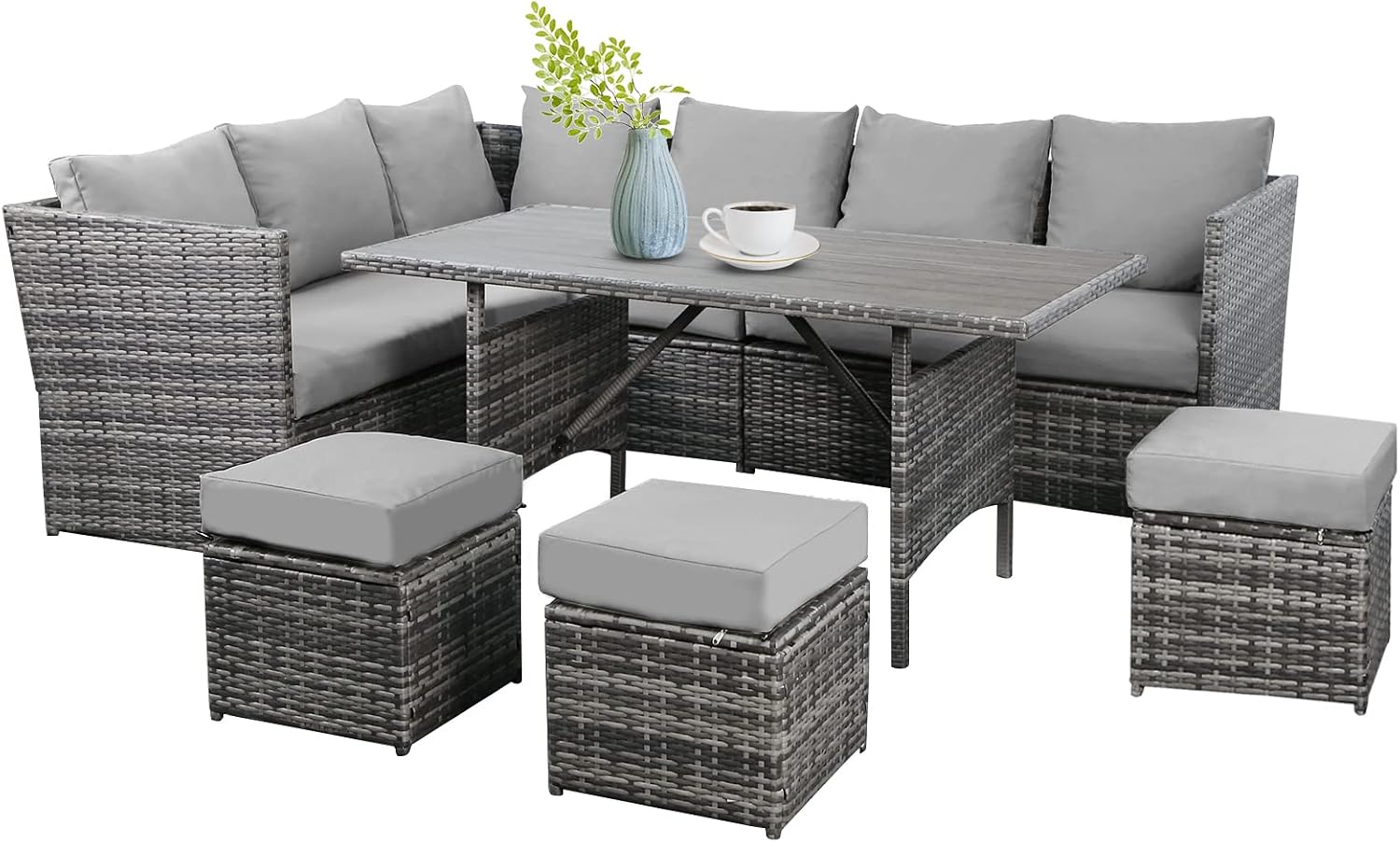 Morohope 7-Piece Patio Furniture Set, PE Rattan Wicker Outdoor Sectional Furniture Set, Outdoor Dining Set Sectional Sofa Patio Conversation Set with Cushions (Grey)