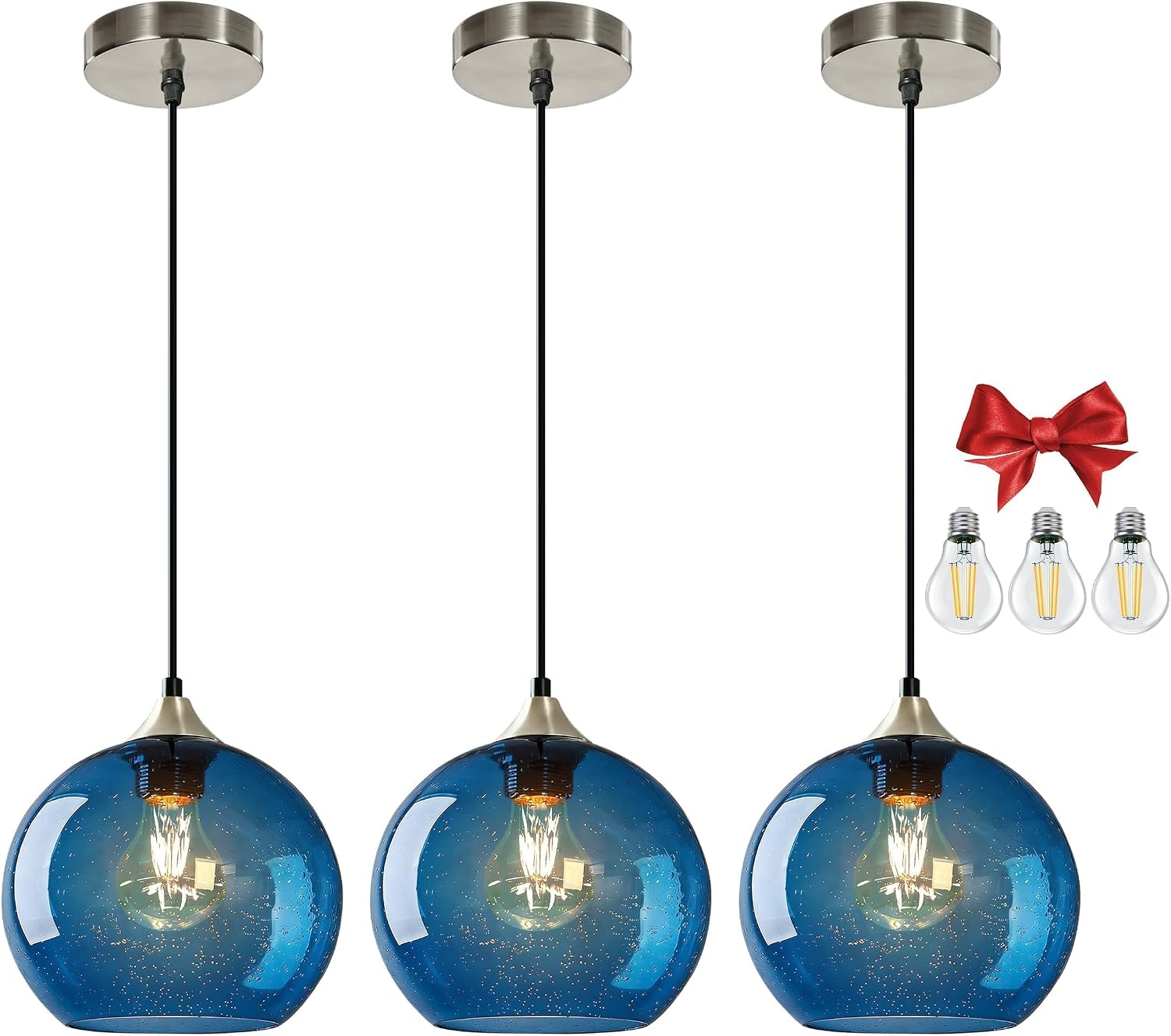 Blue Glass Pendant Light for Kitchen Island, Includes 1 Bulb & 4.92FT Adjustable Cord, Modern Pendant Lighting Fixtures for Kitchen, Dining Room, Living Room (7.1in)
