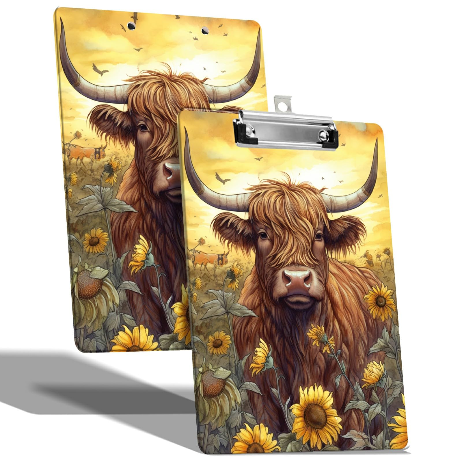 A4 Size Clipboard with Hanging Hook and Low Profile Clip, Plastic Nurse Clipboard Writing Drawing Board with Double-Side Highland Cattle Print for Woman Kids Office School Use