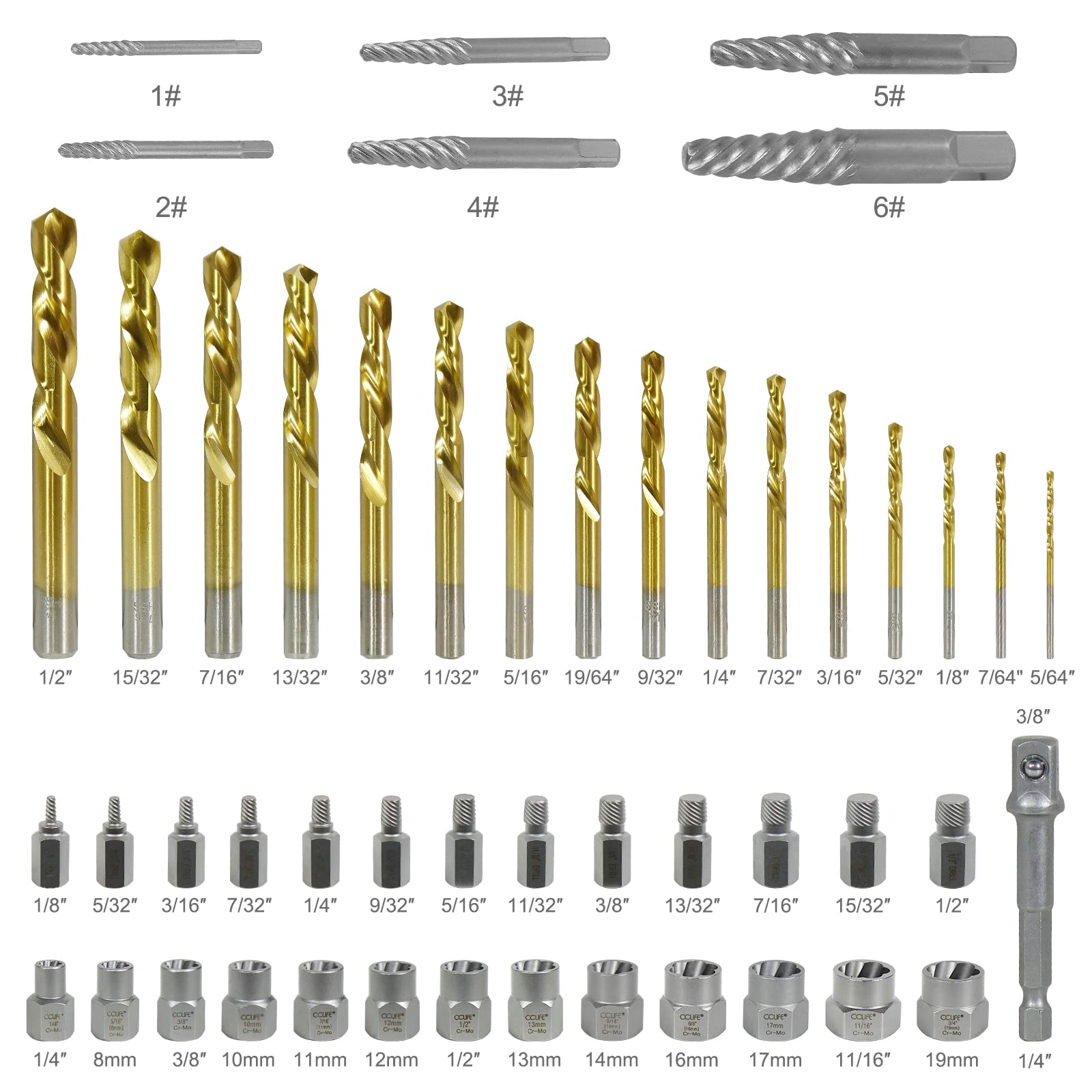 CCLIFE 49-Piece Bolts and Nut Remover Set with Quick Twist Steel Drill Bit Set and 1/4'' Adapter, 8-19mm 3/8'' Square Drive Cr-Mo Nut Extractor Socket