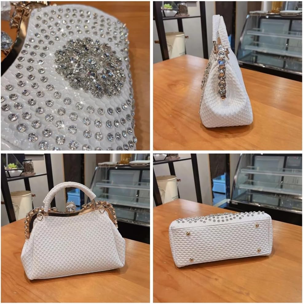 Luxury Fashion Diamonds Bag For Women Leather Top Handle Satchel Handbags Clip Rhinestone Purses Tote Shoulder Crossbody Bags (White)