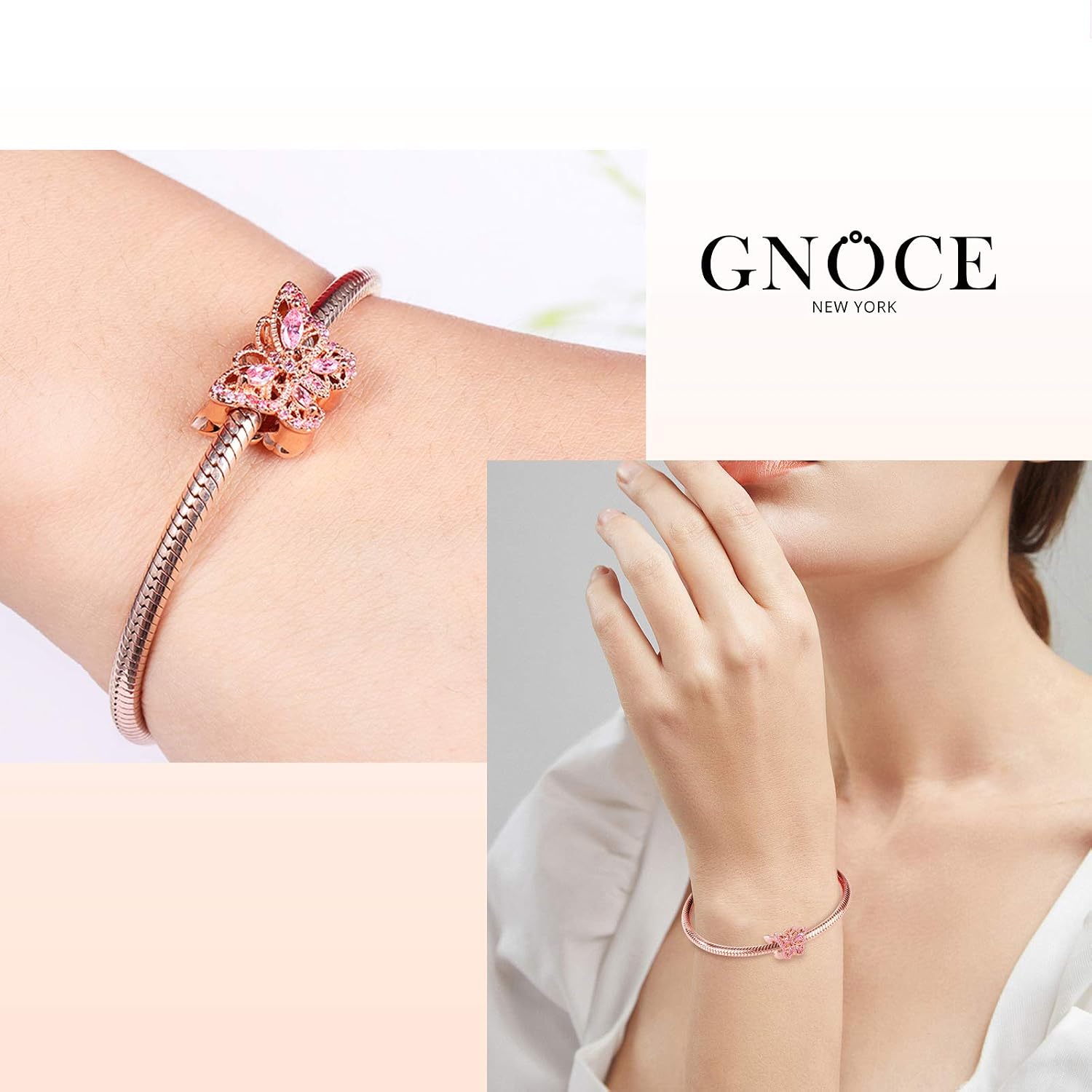 GNOCE Butterfly Charm Bead Sterling Silver 18k Rose Gold Plated Charm with Cz For Bracelet/Necklace Women