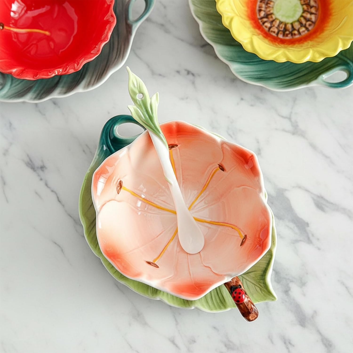 3D Ceramic Tea Cup and Saucer Set, Flower Coffee Mug Tea Cups with Spoon, Vintage Floral Tea Cups with Decorative Handle for Afternoon Tea Weddings and Home Decor (Red)