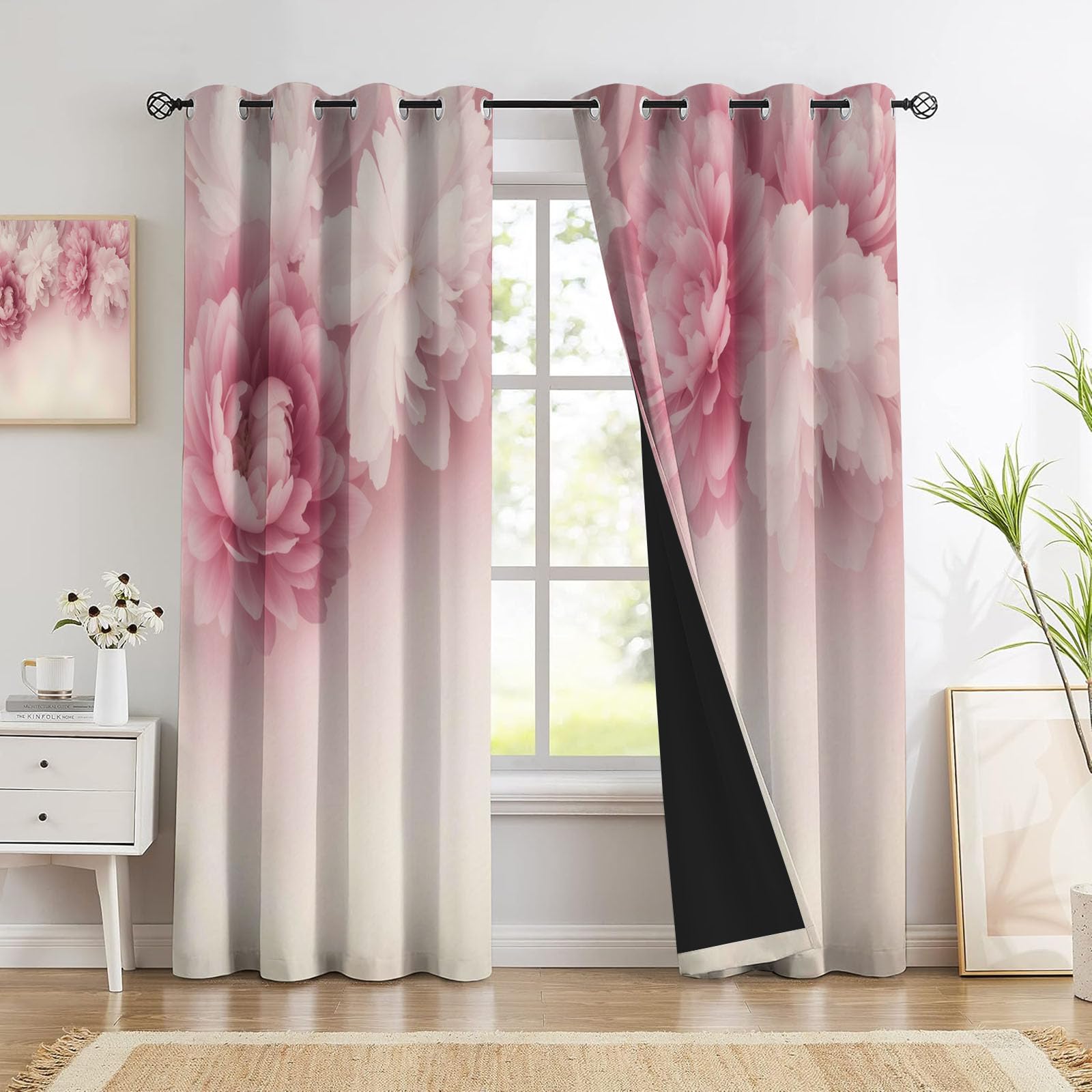 Rosa - Cortinas Opacas Peonía Rosa, 140 x 245 cm, Aislamiento Térmico, Fijación con Ojales, Cortinas Hermosas Flores De Ensueño con Ojales para Salón Dormitorio Habitacion