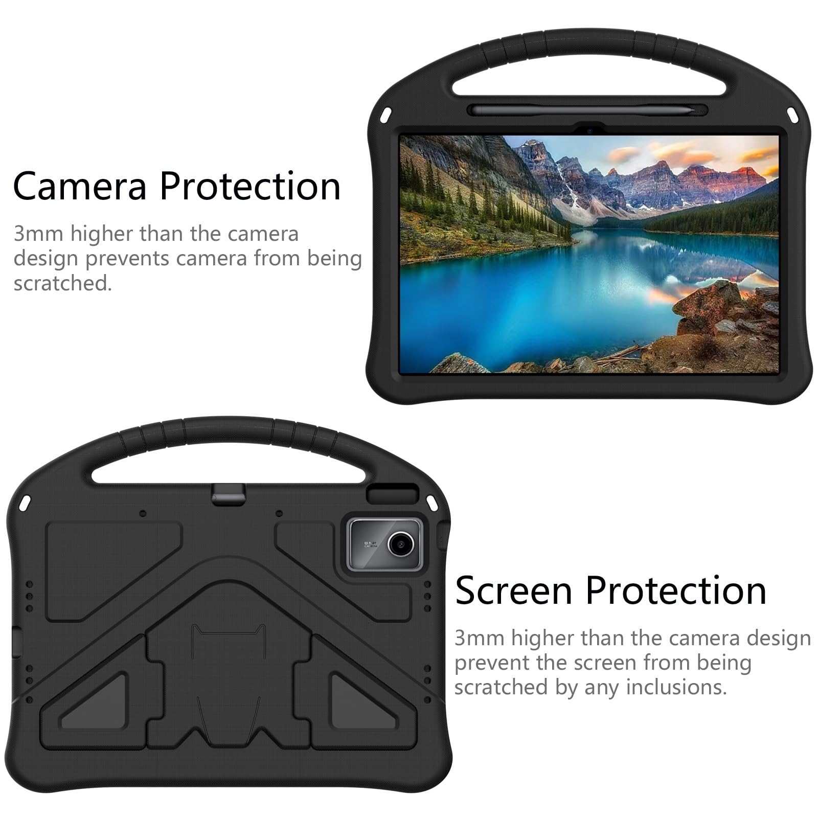 Compatible avec Lenovo Tab K12 12.1 (2025)/Idea Tab Plus TB361FU/TB361ZU 12.1 - Housse légère en EVA - Protection antichoc pour tablette avec support, bandoulière et poignée - Noir