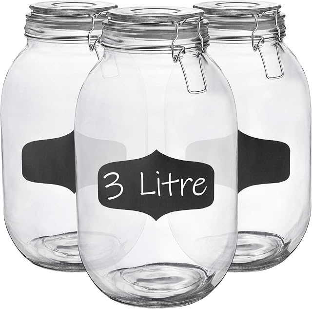 6X 3000ml (3 Litre) Clear Glass Storage Jars with Chalkboard Labels Clear Airtight Silicone Seal and Metal Clip Lids - 105.5oz Large Empty Kitchen Containers - by Argon Tableware