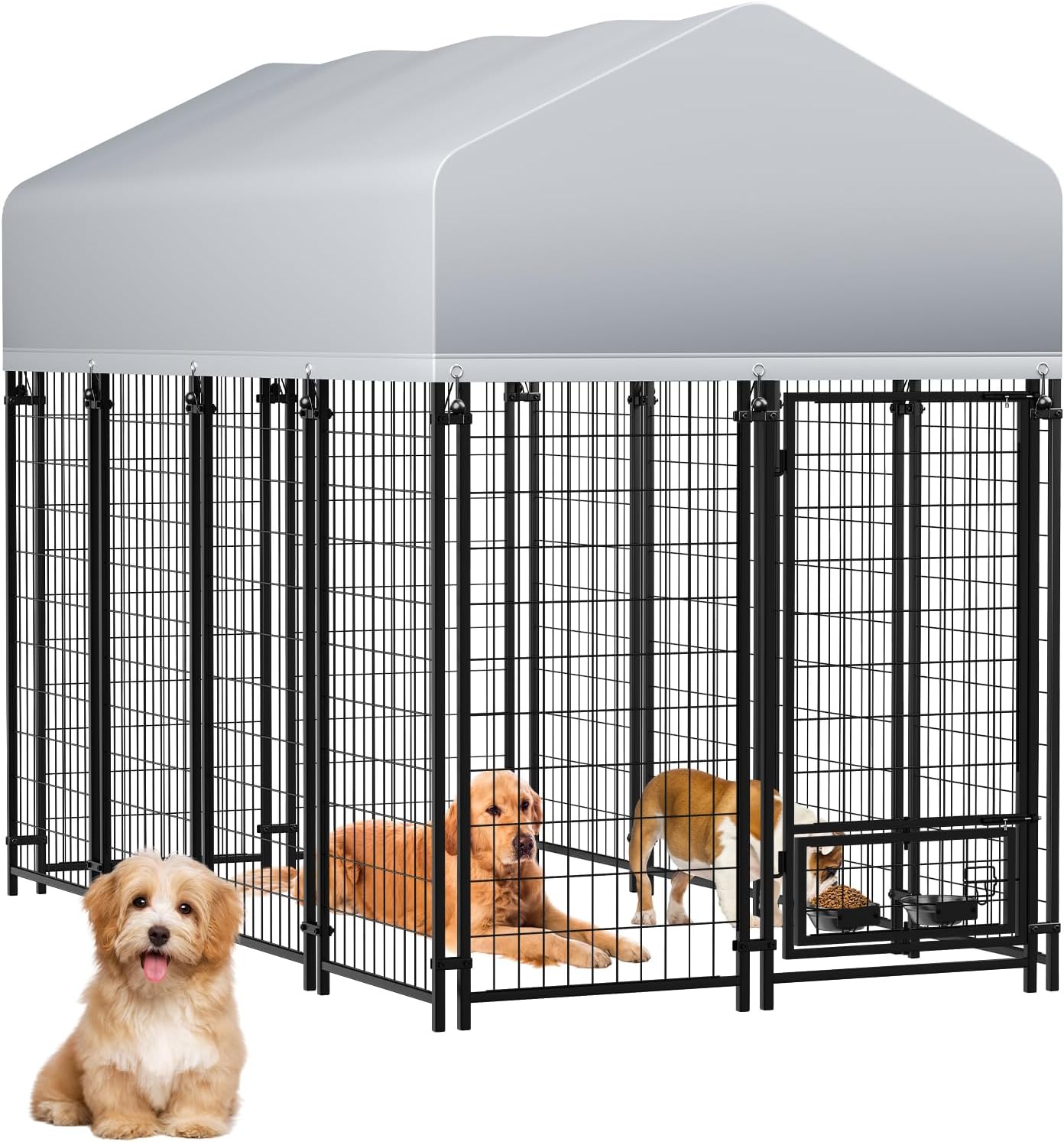 LotFun 8 x 4 FT Dog Kennel, Heavy Duty Outdoor Dog Enclosure with UV & Rain-Proof Fully Covered Roof, Double Security Locks and Rustproof Metal Mesh for Large Dogs House (7.9 x 4.3 x 5.8 FT)