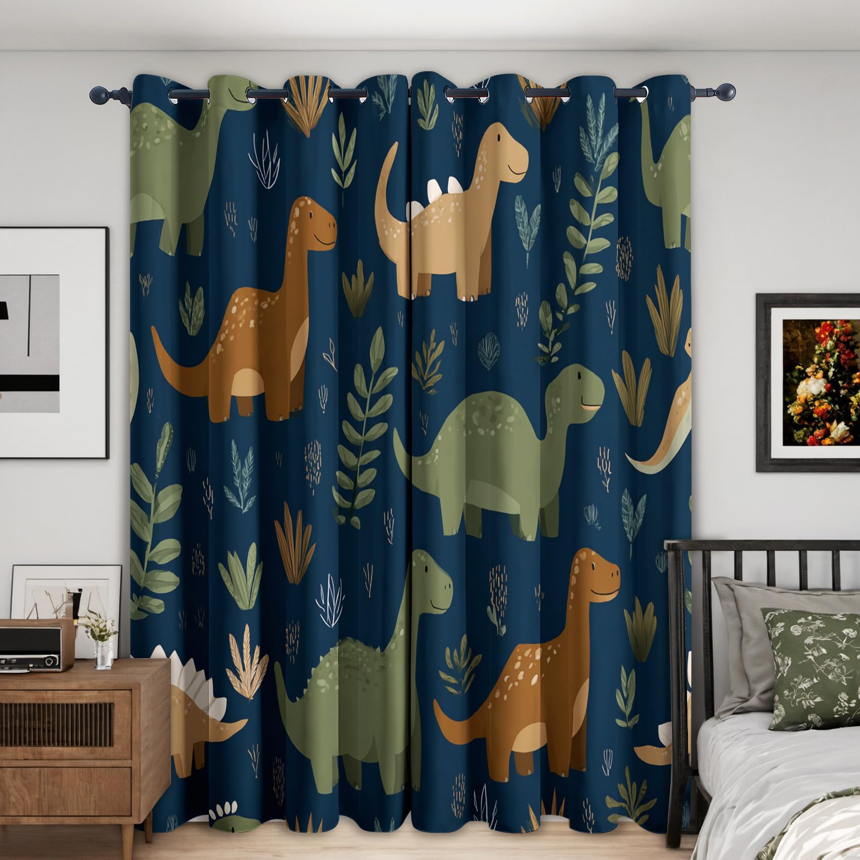 Rideaux Motif Enfants Dinosaures - Rideau Occultant Mignon Dino Animaux, Lot de 2 Rideaux Imprimé, Decoration Chambre Salon Cuisine, Draperies Intérieurs à Oeillets L 140 x H 180 T&YH-42