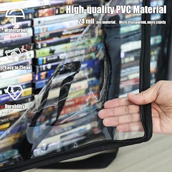 Clear DVD Storage Bags 2 Pack, Holds 140 DVDs & Games | Blu ray & Video Game Storage, Reinforced Heavy-Duty Handles, Side Zipper Access, Water Resistant PVC