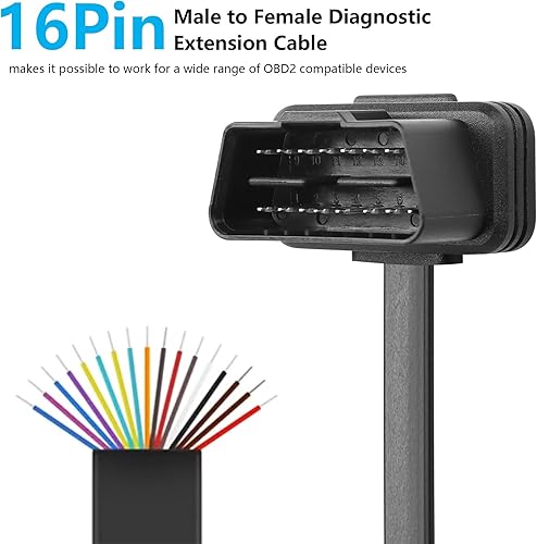 Miniatura 7 de CERRXIAN 3.2FT 1M OBDII OBD2 ángulo recto 16 Pin macho a hembra Cable plano de extensión, herramienta de escaneo OBDII Extensor de diagnóstico Cable