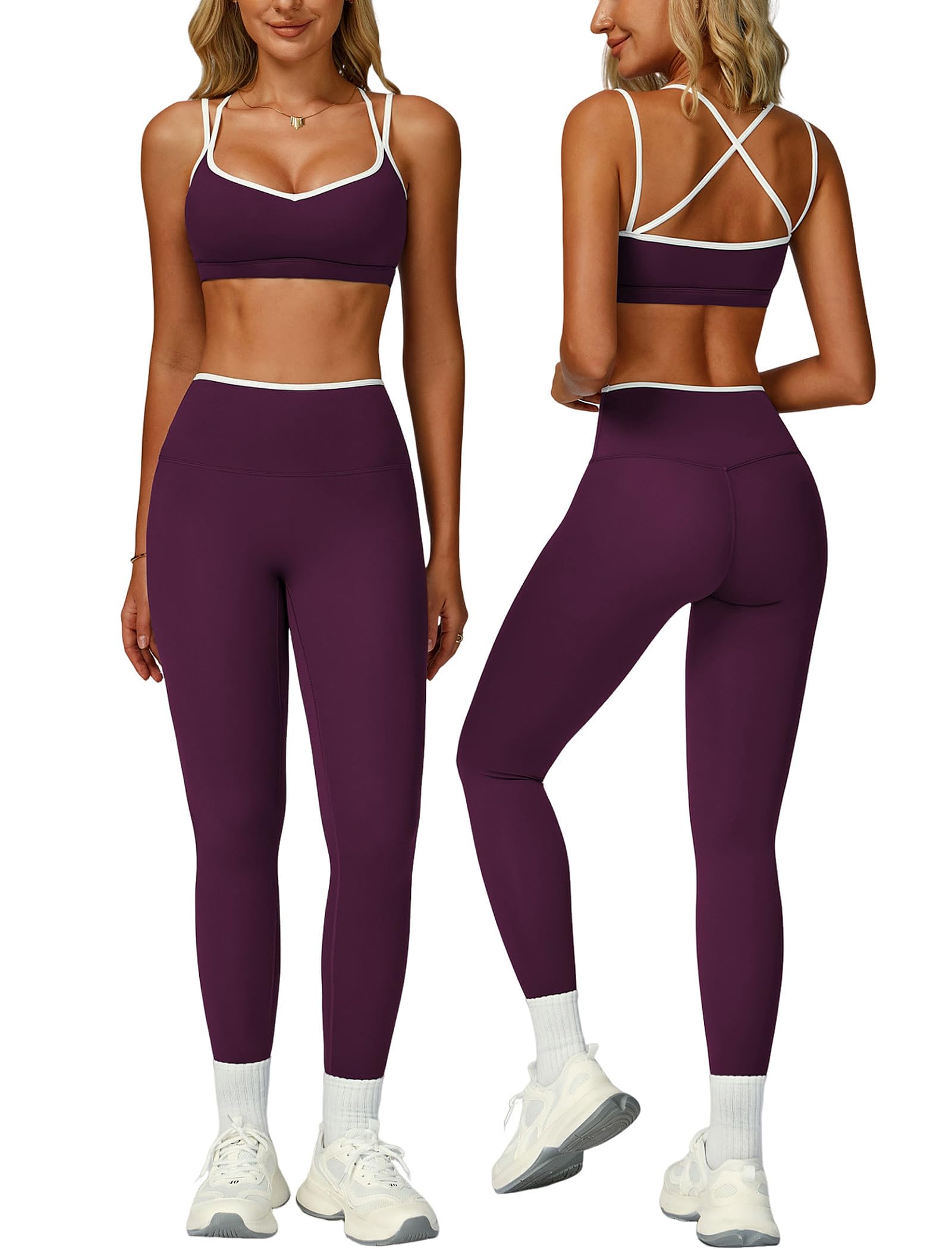 Womens Workout Set Two Piece Spaghetti Straps Color Block Sports Bra Matching High Waist Leggings Gym Work Out
