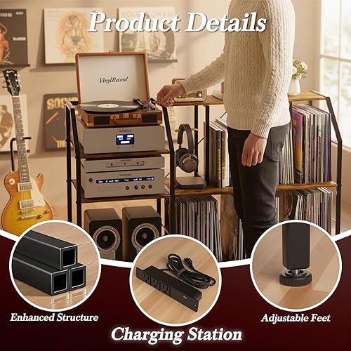 Miniatura 5 de Soporte grande para tocadiscos con estación de carga, soporte giratorio y gabinete de discos con almacenamiento de vinilo con capacidad para más de